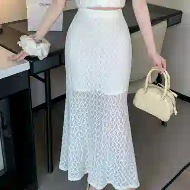 水中花 高腰显瘦蕾丝开叉韩系时尚修身设计包臀鱼尾肌理休闲长裙 女款