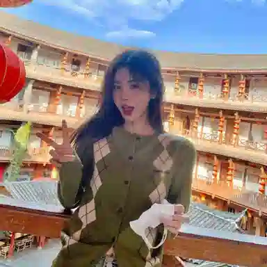 水中花 菱形格子纯羊毛开衫单排扣长袖针织衫 男女同款 绿色
