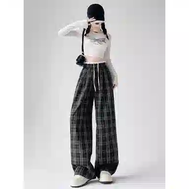 水中花 格子宽松适中高腰阔腿休闲裤 女款