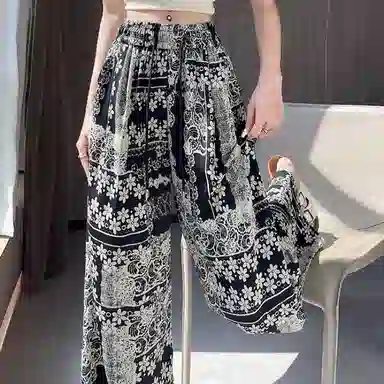 水中花 复古时尚潮流舒适高腰显瘦垂感阔腿印花百搭休闲裤 女款
