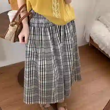 水中花 复古宽松设计感格子高腰显瘦松紧腰小众高级百搭休闲长裙 女款