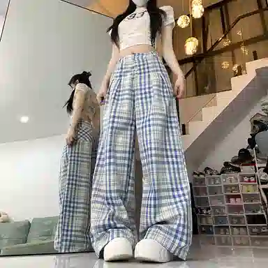 水中花 格子宽松高腰适中阔腿休闲裤 女款