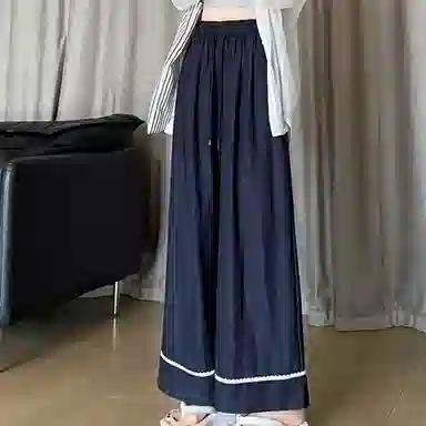 水中花 法式百搭时尚高腰显瘦阔腿垂感蕾丝拼接宽松休闲裤 女款