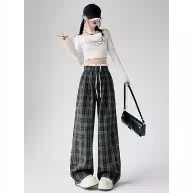 水中花 格子宽松适中高腰阔腿休闲裤 女款