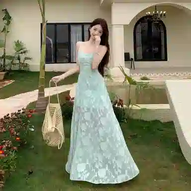 水中花 度假风甜美清纯优雅气质修身拼接收腰显瘦吊带连衣裙 女款