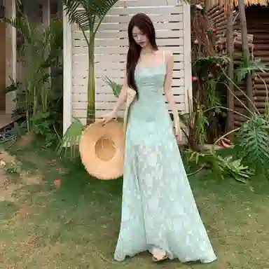 水中花 度假风甜美清纯优雅气质修身拼接收腰显瘦吊带连衣裙 女款