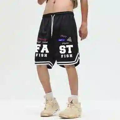 快鱼 美式复古高街潮牌机车风趣味标签名字体手绘印花时尚高级宽松舒适运动户外中腰松紧系带五分休闲短裤 男女同款