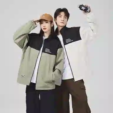 快鱼 美式简约山系户外拼接撞色热熔标织唛休闲立领拉链防水防风机能风暗黑冲锋小香风教练工装时尚百搭宽松长袖夹克外套 男女同款