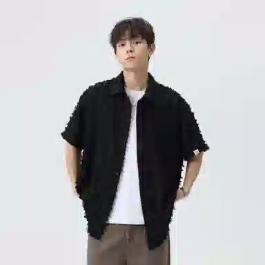 快鱼 潮牌时尚纯色宽松舒适百搭休闲翻领落肩短袖衬衫 男女同款