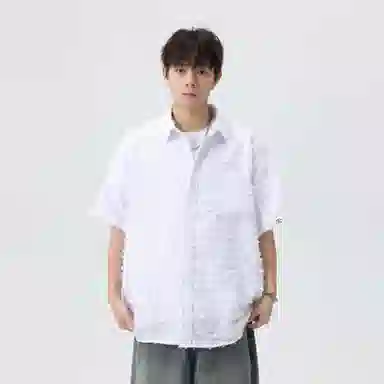 快鱼 潮牌时尚纯色宽松舒适百搭休闲翻领落肩短袖衬衫 男女同款