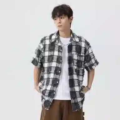 快鱼 潮牌时尚纯色宽松舒适百搭休闲翻领落肩短袖衬衫 男女同款