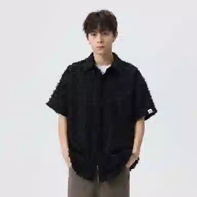 快鱼 潮牌时尚纯色宽松舒适百搭休闲翻领落肩短袖衬衫 男女同款