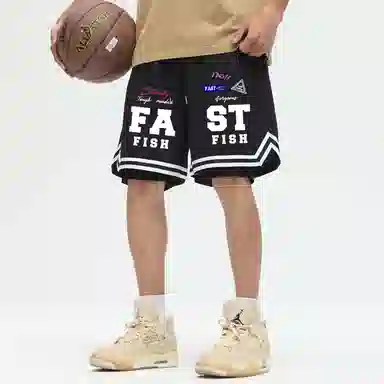 快鱼 美式复古高街潮牌机车风趣味标签名字体手绘印花时尚高级宽松舒适运动户外中腰松紧系带五分休闲短裤 男女同款