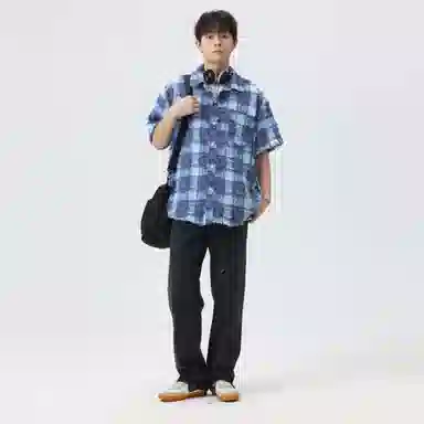 快鱼 潮牌时尚纯色宽松舒适百搭休闲翻领落肩短袖衬衫 男女同款