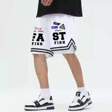 快鱼 美式复古高街潮牌机车风趣味标签名字体手绘印花时尚高级宽松舒适运动户外中腰松紧系带五分休闲短裤 男女同款