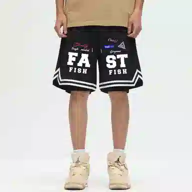 快鱼 美式复古高街潮牌机车风趣味标签名字体手绘印花时尚高级宽松舒适运动户外中腰松紧系带五分休闲短裤 男女同款