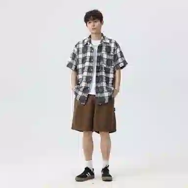 快鱼 潮牌时尚纯色宽松舒适百搭休闲翻领落肩短袖衬衫 男女同款