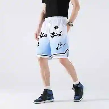 快鱼 美式时尚签名字体品牌个性印花假两件篮球裤运动训练经典百搭宽松舒适透气轻薄凉感无性别中腰系带五分休闲短裤 男女同款