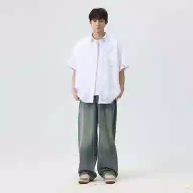 快鱼 潮牌时尚纯色宽松舒适百搭休闲翻领落肩短袖衬衫 男女同款