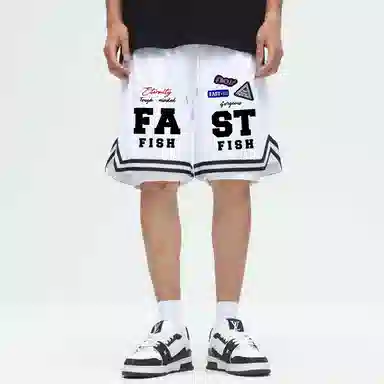 快鱼 美式复古高街潮牌机车风趣味标签名字体手绘印花时尚高级宽松舒适运动户外中腰松紧系带五分休闲短裤 男女同款