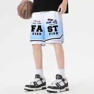 快鱼 美式复古高街潮牌机车风趣味标签名字体手绘印花时尚高级宽松舒适运动户外中腰松紧系带五分休闲短裤 男女同款