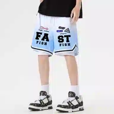 快鱼 美式复古高街潮牌机车风趣味标签名字体手绘印花时尚高级宽松舒适运动户外中腰松紧系带五分休闲短裤 男女同款