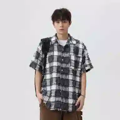 快鱼 潮牌时尚纯色宽松舒适百搭休闲翻领落肩短袖衬衫 男女同款