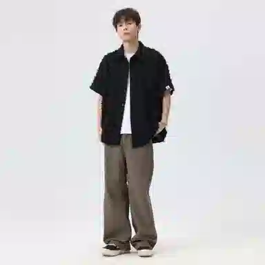 快鱼 潮牌时尚纯色宽松舒适百搭休闲翻领落肩短袖衬衫 男女同款