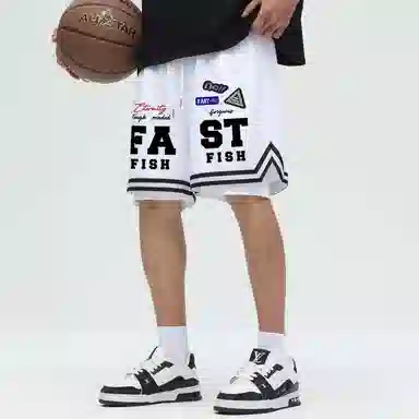 快鱼 美式复古高街潮牌机车风趣味标签名字体手绘印花时尚高级宽松舒适运动户外中腰松紧系带五分休闲短裤 男女同款
