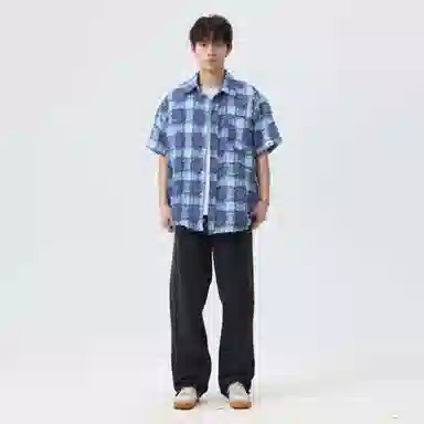 快鱼 潮牌时尚纯色宽松舒适百搭休闲翻领落肩短袖衬衫 男女同款