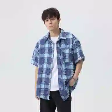 快鱼 潮牌时尚纯色宽松舒适百搭休闲翻领落肩短袖衬衫 男女同款