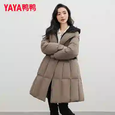鸭鸭 纯色连帽拉链中长款假两件长袖羽绒服 女款
