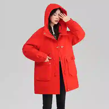 鸭鸭 中长款宽松连帽长袖羽绒服 女款