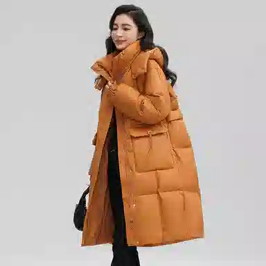 鸭鸭 拉链连帽纯色中长款羽绒服 女款