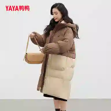 鸭鸭 中长款连帽撞色拼色韩版甜美校园风通勤时尚百搭羽绒服 女款