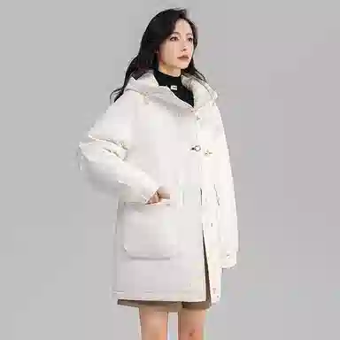 鸭鸭 中长款宽松连帽长袖羽绒服 女款