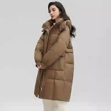 鸭鸭 拉链连帽纯色中长款羽绒服 女款