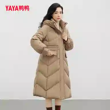 鸭鸭 纯色立领连帽修身长款过膝花边袖口精致衍线熟女优雅气质羽绒服 女款