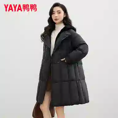 鸭鸭 纯色连帽拉链中长款假两件长袖羽绒服 女款