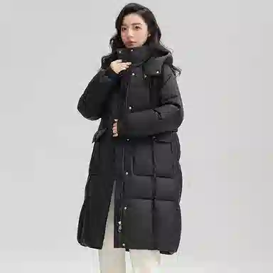鸭鸭 拉链连帽纯色中长款羽绒服 女款