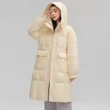 鸭鸭 拉链连帽纯色中长款羽绒服 女款