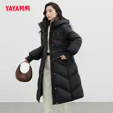 鸭鸭 纯色立领连帽修身长款过膝花边袖口精致衍线熟女优雅气质羽绒服 女款