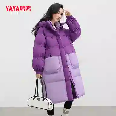 鸭鸭 中长款连帽撞色拼色韩版甜美校园风通勤时尚百搭羽绒服 女款