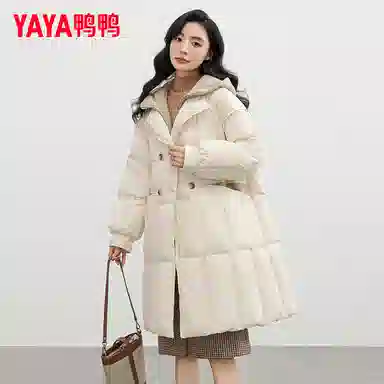 鸭鸭 纯色连帽拉链中长款假两件长袖羽绒服 女款