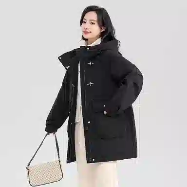 鸭鸭 中长款宽松连帽长袖羽绒服 女款