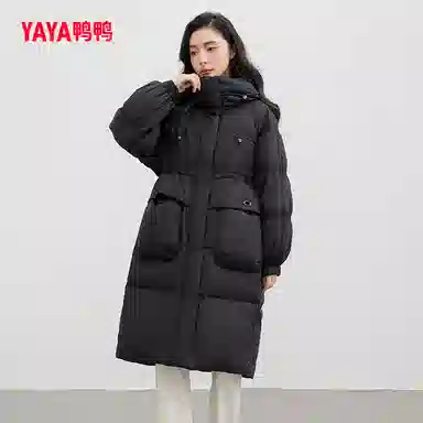 鸭鸭 中长款连帽撞色拼色韩版甜美校园风通勤时尚百搭羽绒服 女款
