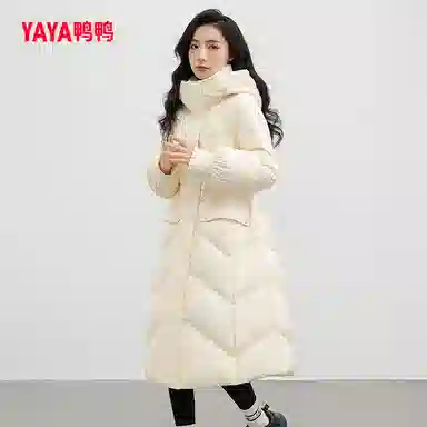 鸭鸭 纯色立领连帽修身长款过膝花边袖口精致衍线熟女优雅气质羽绒服 女款