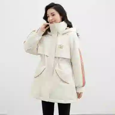 鸭鸭 拉链条纹连帽中长款羽绒服 女款