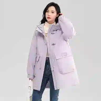 鸭鸭 中长款宽松连帽长袖羽绒服 女款