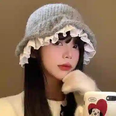 冠辉 蕾丝花边秋冬季保暖护耳盆帽时尚韩系显脸小针织蕾丝花边针织秋冬保暖显脸小帽子大头围 毛线 渔夫帽 女款